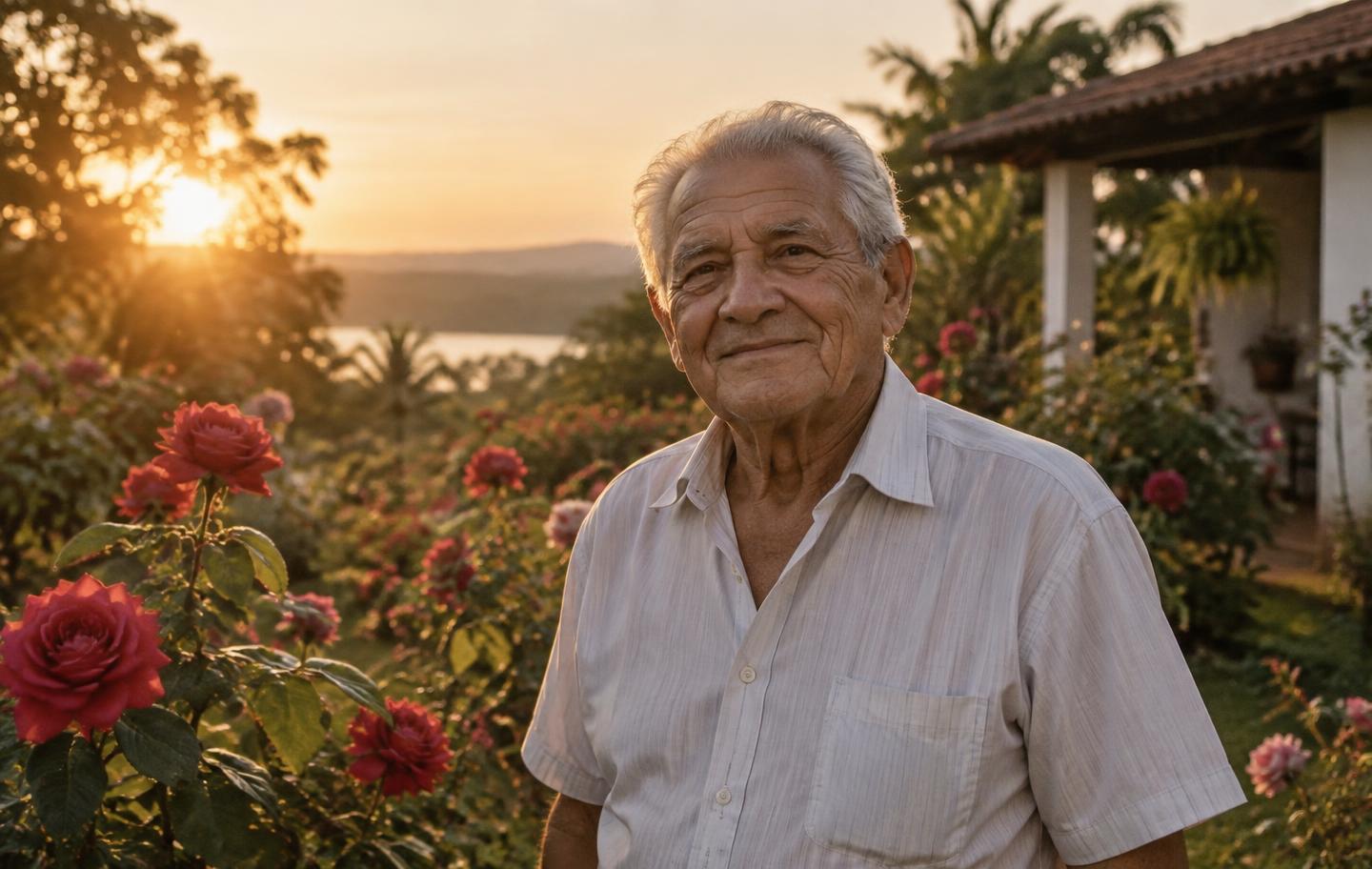 Senhor idoso sorrindo em um jardim de roseiras ao pôr do sol