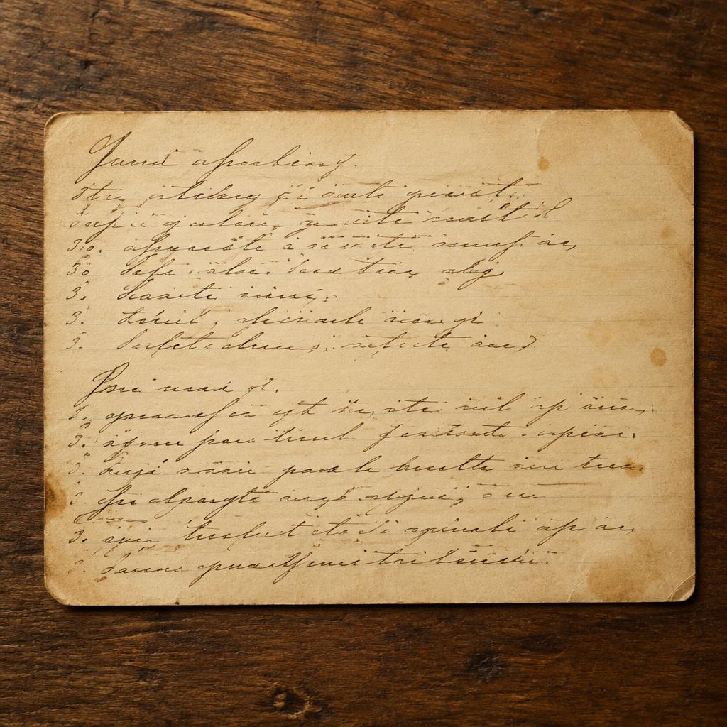 Cartão de receita escrito à mão em papel envelhecido